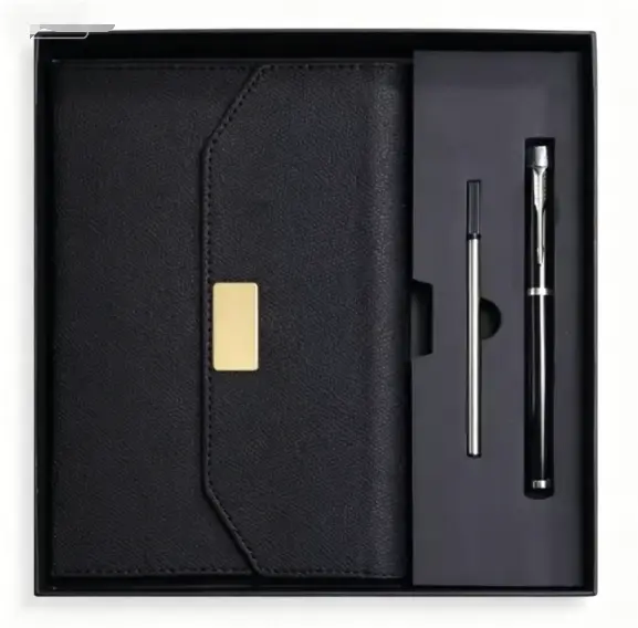 executive-black-leatherette-journal-pen-gift-set.jpg Luxury black leatherette journal set with a magnetic gold flap closure, metal rollerball pen, and extra ink refill inside a black presentation box.