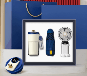 smart-summer-travel-gift-set-fan-tumbler-umbrella Royal blue smart travel gift set including a digital handheld fan, smart temperature coffee tumbler, and compact UV umbrella in a presentation box.