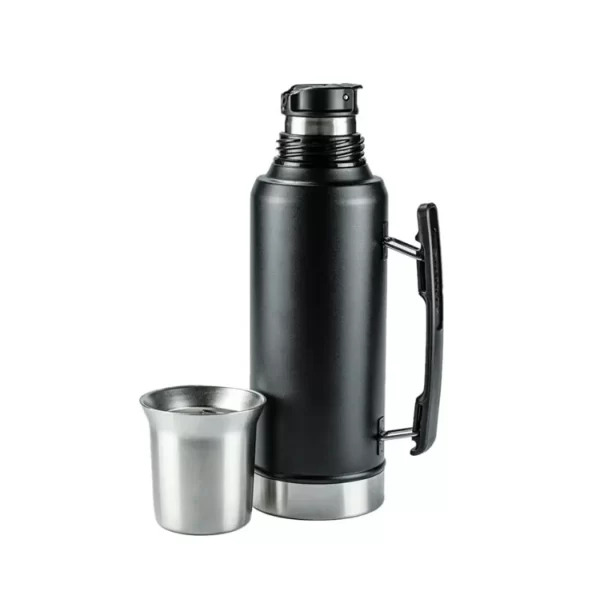 Black Stainless Steel Thermos Flask with Side Handle and Stainless Steel Cup Black stainless steel thermos flask with a side handle, featuring a black pour spout and an unattached stainless steel cup resting beside it against a plain white background.