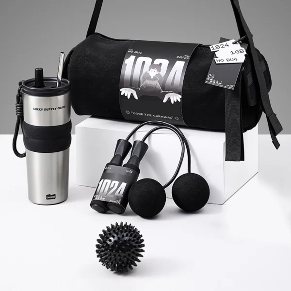 Product listing for the Get in the Rhythm Employee Wellness Kit featuring a black duffel bag, stainless steel tumbler, cordless jump rope, and black massage ball.