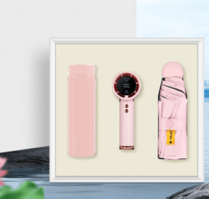 blush-pink-executive-3-piece-corporate-gift-set Blush pink executive 3-piece corporate gift set featuring a matte thermal flask, digital LED handheld device with rose gold trim, and compact UPF 50+ umbrella in a display box.